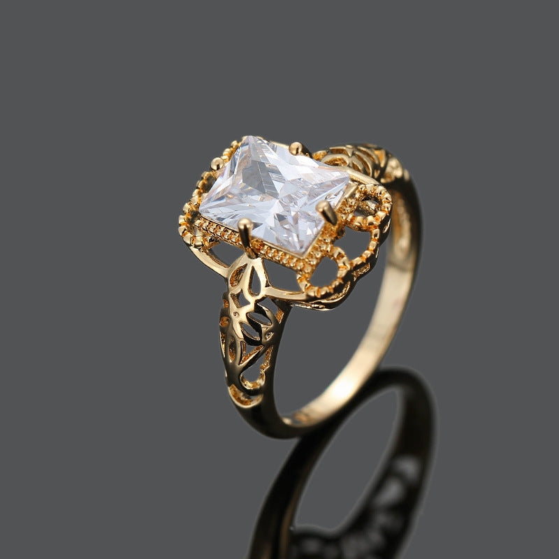 Cross-border Exclusive For Wish Best Selling Explosions European And American Style Luxury Carved Hollow Inlaid Square Zircon Copper Ring