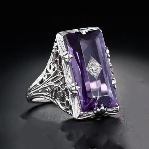 Zhen Rong Wish Best Selling Inlaid Chamfered Rectangular Amethyst Princess Ring European And American Hollow Through Flower Female Finger Ring