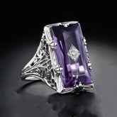 Zhen Rong Wish Best Selling Inlaid Chamfered Rectangular Amethyst Princess Ring European And American Hollow Through Flower Female Finger Ring