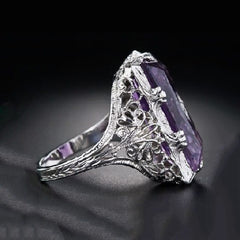 Zhen Rong Wish Best Selling Inlaid Chamfered Rectangular Amethyst Princess Ring European And American Hollow Through Flower Female Finger Ring