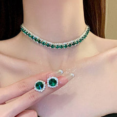 European And American Fashion High-end Retro Necklace Temperament Emerald Diamond Necklace Dress Accessories Necklace Earrings Set