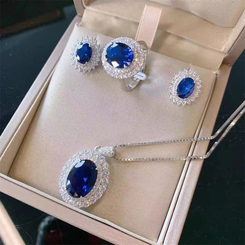 Sapphire Set Ring Necklace Earrings Three-piece Set Tanzanite European And American Elegant Light Luxury Women's Pendant All-match Jewelry