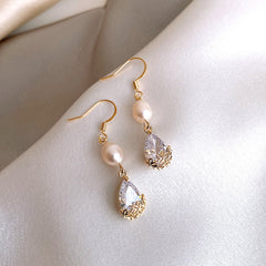 Rice Fresh Water Pearl Zircon Water Drop Earrings Women's French Elegant Elegant Elegant Earrings Korean Fashion Commuter Ear Jewelry