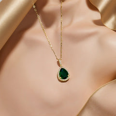 Water Drop Green Zircon Micro-Paved Necklace And Earrings Set, Light Luxury, Personalized Temperament Earrings And Necklace Combination