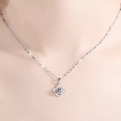 Necklace For Women, Clavicle Chain, Four-Leaf Clover Pendant, Trendy Korean Style With Moissanite, Birthday Gift For Girlfriend, White Gold-Plated Silver
