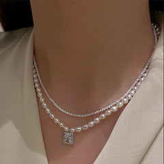 Retro Light Luxury Zircon Two-Piece Set Of Pearl Necklace For Women Niche Design High-End Fashion Versatile Clavicle Chain Necklace
