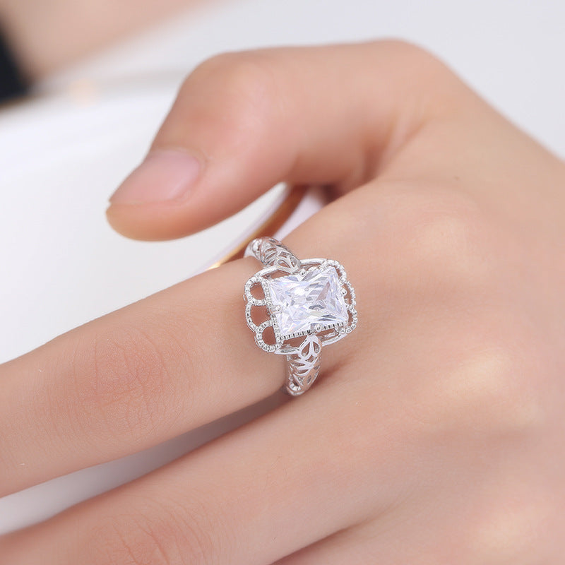 Cross-border Exclusive For Wish Best Selling Explosions European And American Style Luxury Carved Hollow Inlaid Square Zircon Copper Ring
