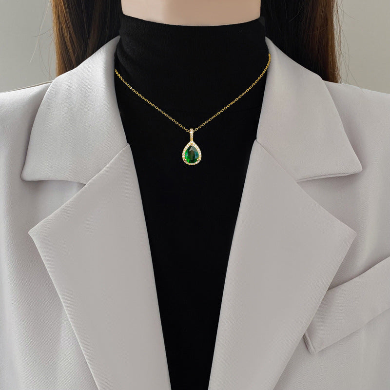 Water Drop Green Zircon Micro-Paved Necklace And Earrings Set, Light Luxury, Personalized Temperament Earrings And Necklace Combination