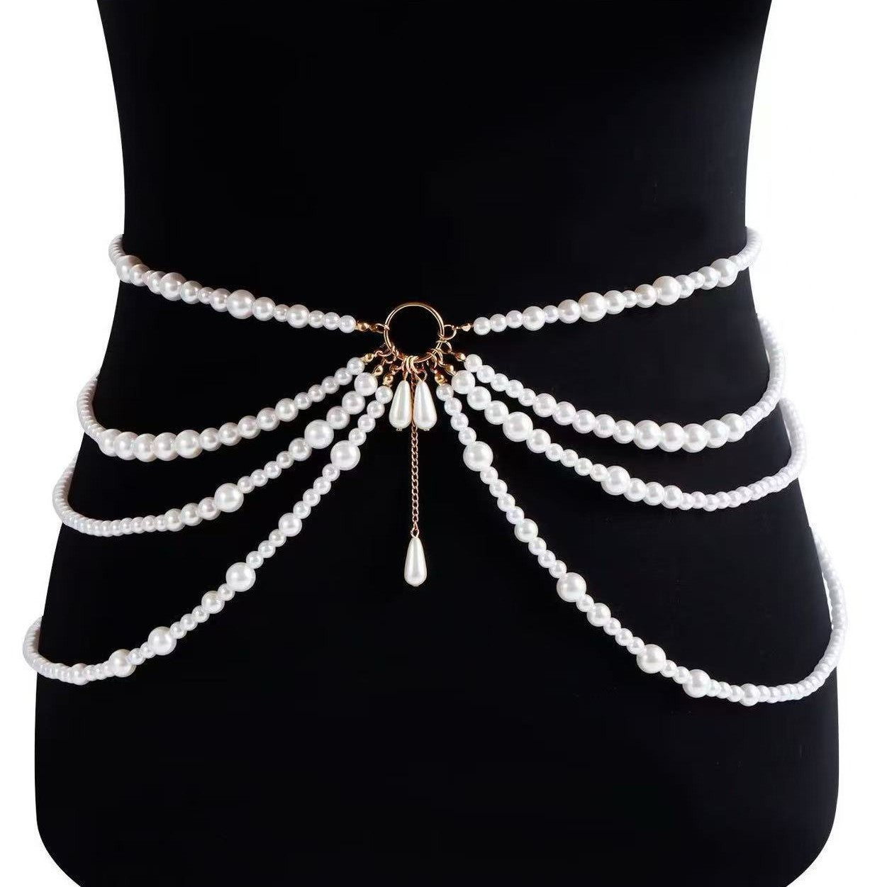 European And American Cross-Border Imitation Pearls Of Various Thicknesses Connected With Multi-Layered Tassels And Side Waist Chains, Fashionable And Sexy Body Chain Jewelry