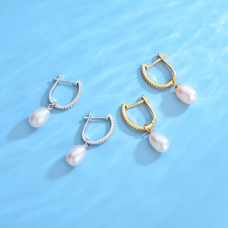 French S925 Sterling Silver Natural Pearl Earrings Vintage All-Match High-Level Zircon Earrings Diy Empty Earrings