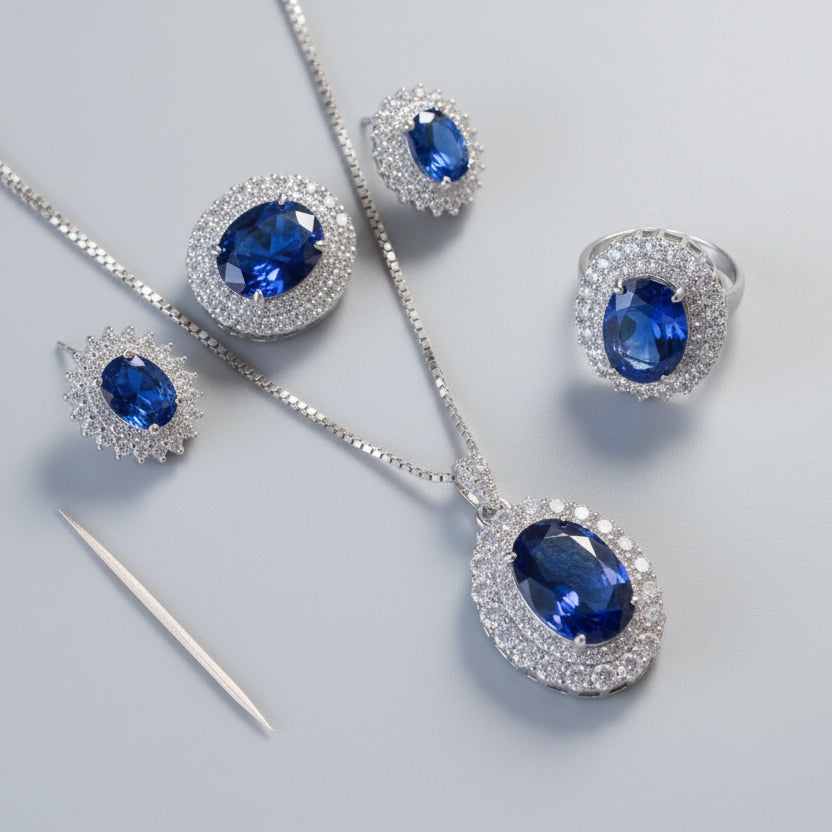 Sapphire Set Ring Necklace Earrings Three-piece Set Tanzanite European And American Elegant Light Luxury Women's Pendant All-match Jewelry