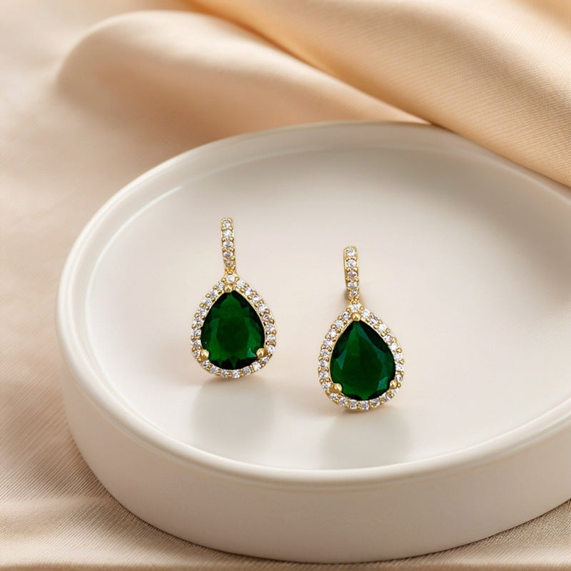 Water Drop Green Zircon Micro-Paved Necklace And Earrings Set, Light Luxury, Personalized Temperament Earrings And Necklace Combination