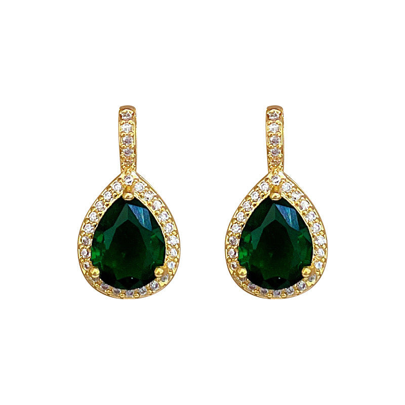 Water Drop Green Zircon Micro-Paved Necklace And Earrings Set, Light Luxury, Personalized Temperament Earrings And Necklace Combination