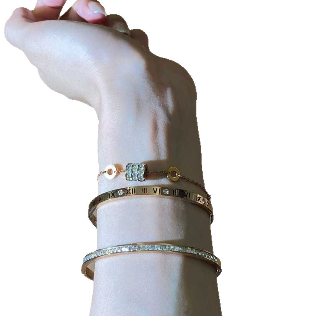 New Titanium Steel Non-Fading Roman Numeral Bracelet Ins Accessible Luxury High-End Stackable Flash Diamond Small Waist Bracelet