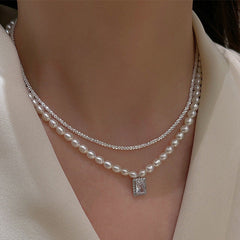 Retro Light Luxury Zircon Two-Piece Set Of Pearl Necklace For Women Niche Design High-End Fashion Versatile Clavicle Chain Necklace
