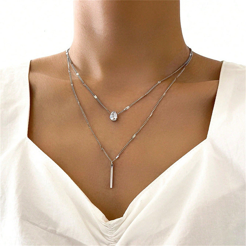 Foreign Trade Cross Chain Teardrop Shaped Zircon Long Stick Pendant Double Chain Suit Versatile Women's Jewelry Necklace Suit