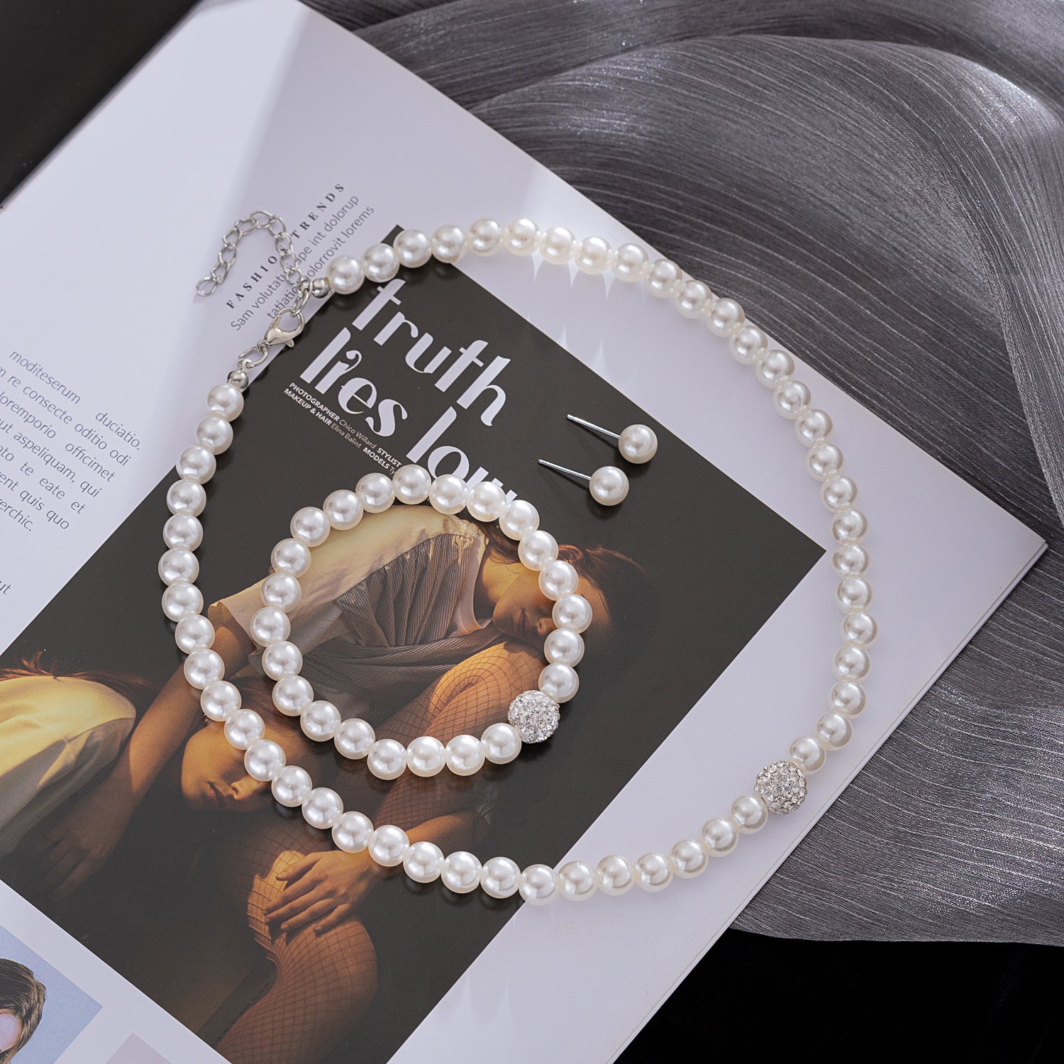 ABS Pearl Jewelry Suit Women Necklace Earrings Bracelet Three-piece Set Mother Gift Beautiful Wedding Photo Accessories