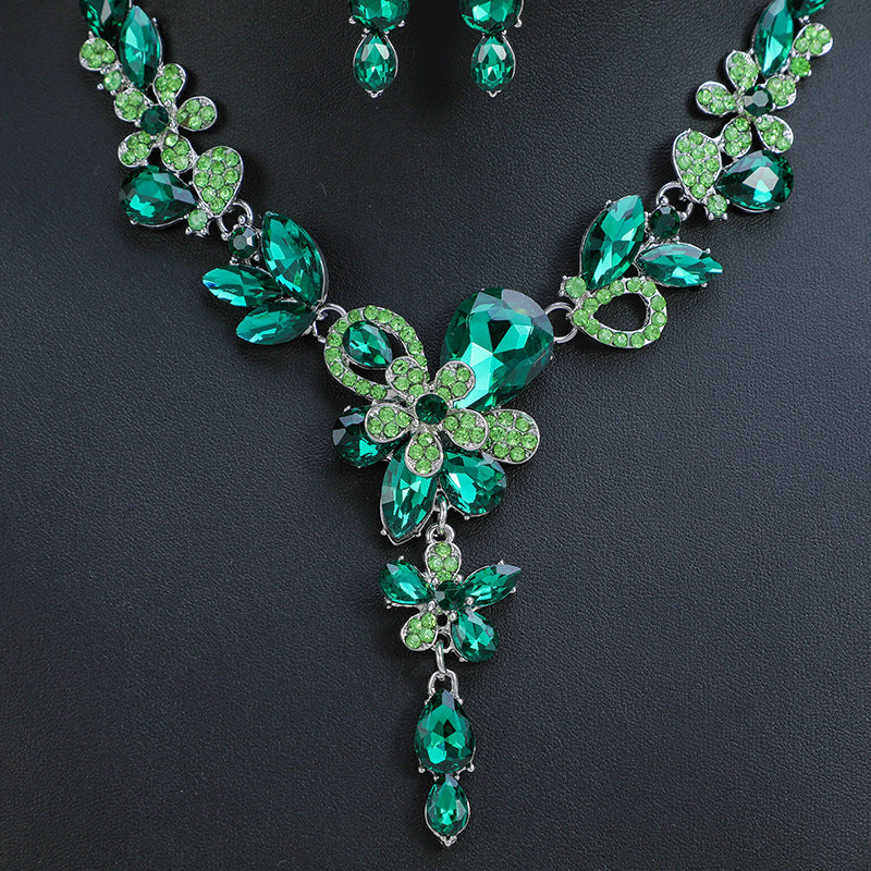 2022 Spring New European And American Retro Necklace Earrings Two-piece Flower Crystal Double Flower Factory Direct Sales