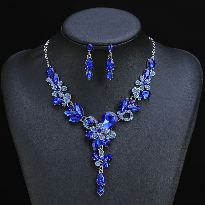 2022 Spring New European And American Retro Necklace Earrings Two-piece Flower Crystal Double Flower Factory Direct Sales