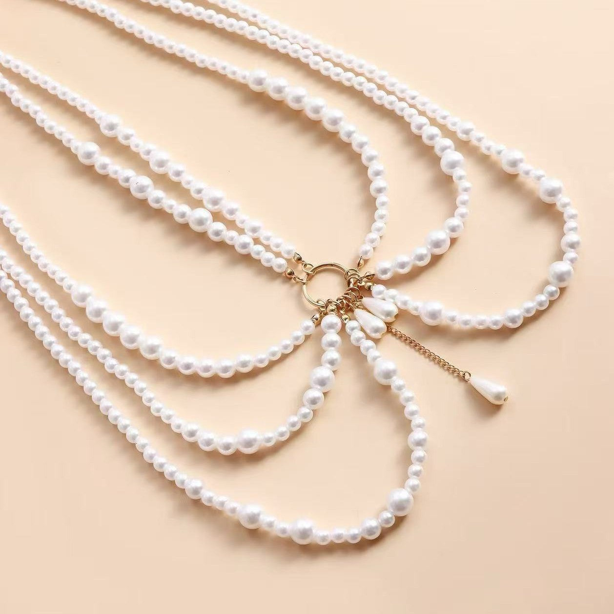 European And American Cross-Border Imitation Pearls Of Various Thicknesses Connected With Multi-Layered Tassels And Side Waist Chains, Fashionable And Sexy Body Chain Jewelry