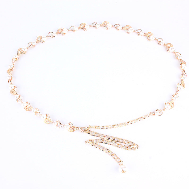 Korean-style Pearl Waist Chain Women's Fashionable All-match Belt Decorative Dress Sweet Leaf Metal Chain Waist Chain