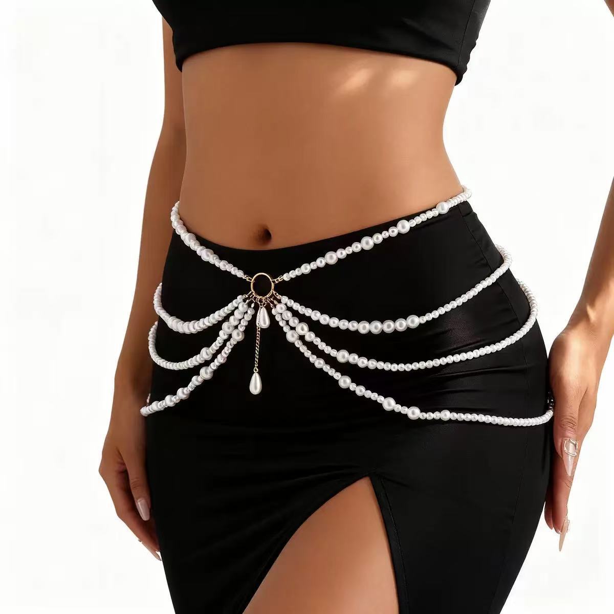 European And American Cross-Border Imitation Pearls Of Various Thicknesses Connected With Multi-Layered Tassels And Side Waist Chains, Fashionable And Sexy Body Chain Jewelry