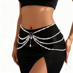 European And American Cross-Border Imitation Pearls Of Various Thicknesses Connected With Multi-Layered Tassels And Side Waist Chains, Fashionable And Sexy Body Chain Jewelry