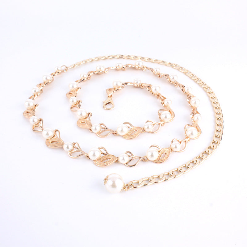 Korean-style Pearl Waist Chain Women's Fashionable All-match Belt Decorative Dress Sweet Leaf Metal Chain Waist Chain